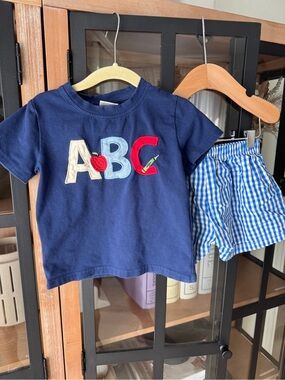 Classic Whimsy applique abc set gingham school embroidered shorts sleeve tee boy